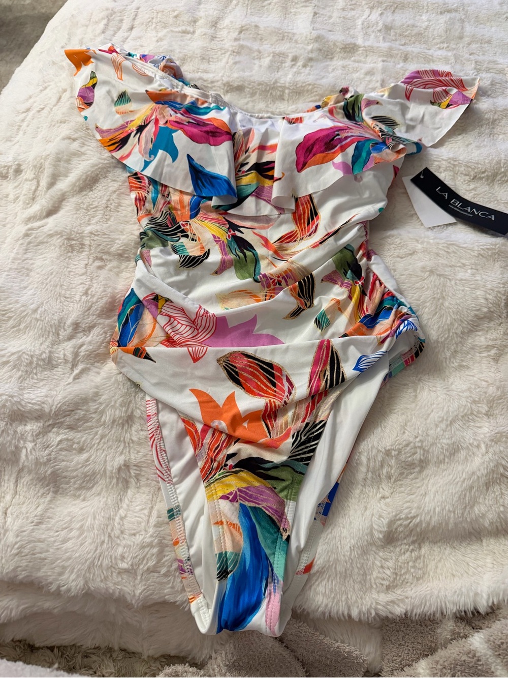 La Blanca White One-Piece Swimsuit with Multicolor Tropical Print
